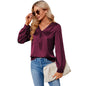 Women Satin Pleated Long Sleeved Top V Neck Casual Loose Work Office Satin Shirt