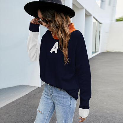 Casual Half Turtleneck Pullover Letter Graphic Jacquard Loose Fitting Sweater Long Sleeve Knitted Sweater