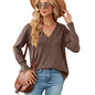 Autumn Winter Solid Color V neck Loose Long Sleeve Button T shirt Top Women Clothing