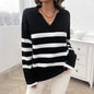 Autumn Winter Women Casual Loose Contrast Color Lapels Sweater Top