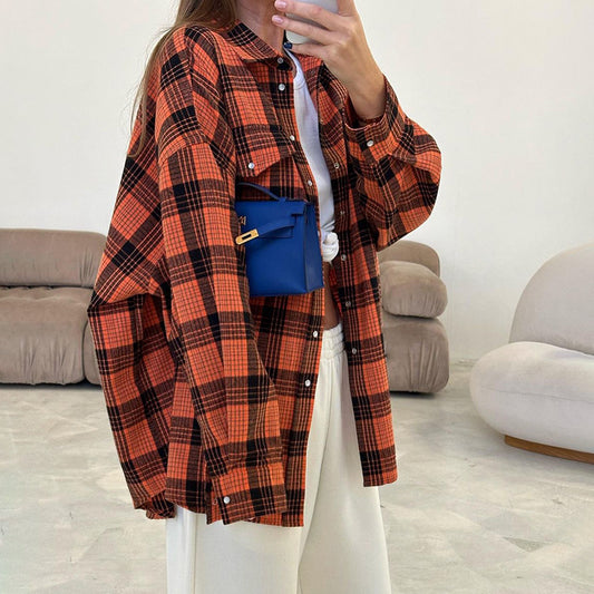 Retro Plaid Shirt Women Casual Plaid Top All Matching Collared Loose Mid Length Shirt