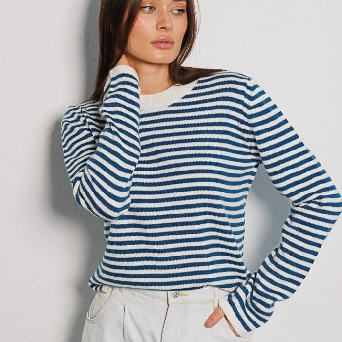 Striped Sweater Autumn Trendy Thread Contrast Color round Neck Knitted Striped Sweater