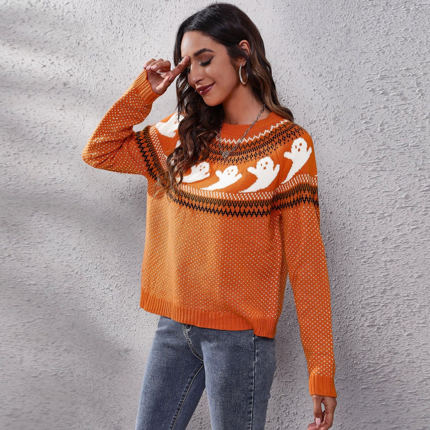 Ghost Skull Jacquard Retro Dots Long-Sleeved Knitted Sweater Loose Autumn Winter Women Halloween