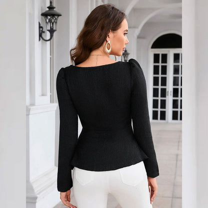 Black White Shirt Long Sleeve Spring Autumn Square Neck Cinched Pullover Top Women Shirt