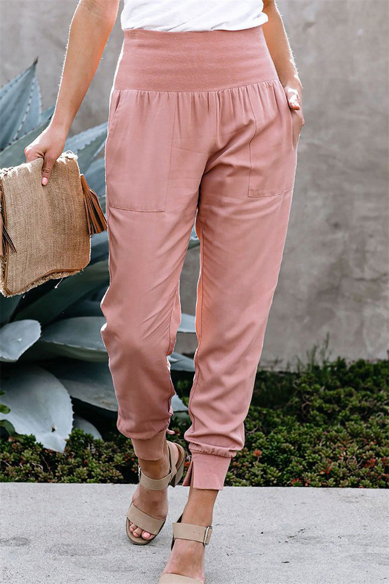 Solid Color Women High Waist Cropped Pants Hem Slit Casual Pants