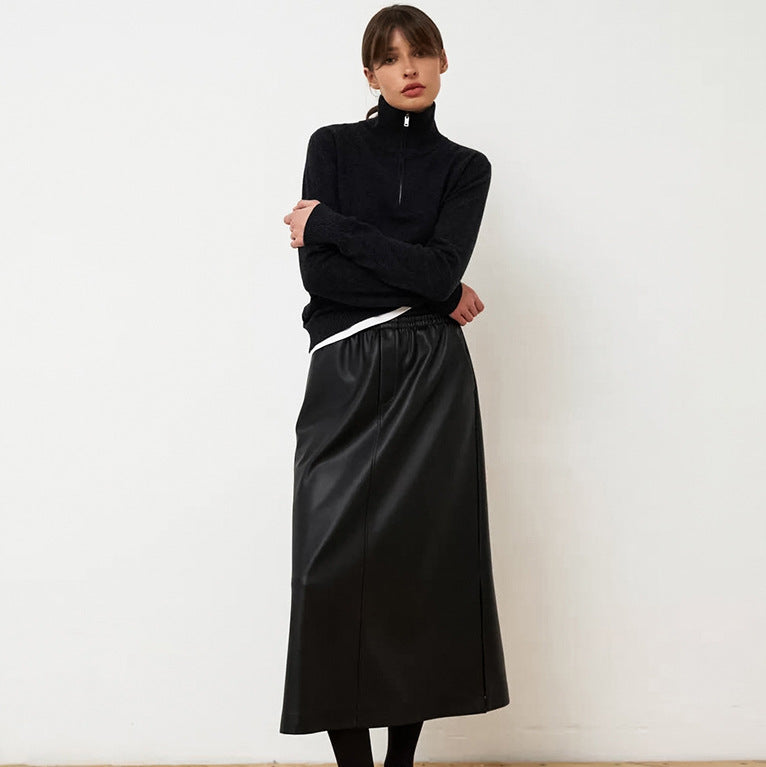 Fleece lined Matte Artificial Leather Sexy Slit A Swing Skirt Leather Skirt Fall Winter Long Skirt for Women