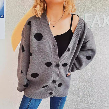 Autumn Winter Big Dot Jacquard Knitted Cardigan V Neck Single Breasted Sweater Coat Women