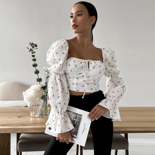 Women Summer Fresh Sweet French Square Collar Bubble Long Sleeve Knotted Short Floral Top Women