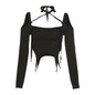 Autumn Trend Women Long Sleeve off Shoulder Slim Fit cropped Solid Color All Matching T shirt