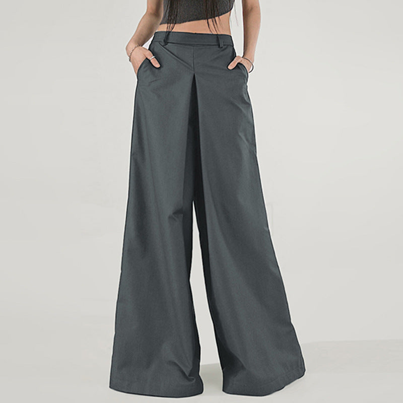 Simple Elegant Pleated Low Waist Loose Wide Leg Pants Work Pant Women Solid Color All Matching Draping Mop Casual Trousers