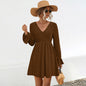 Knitted V neck Flounce Long Sleeve Dress