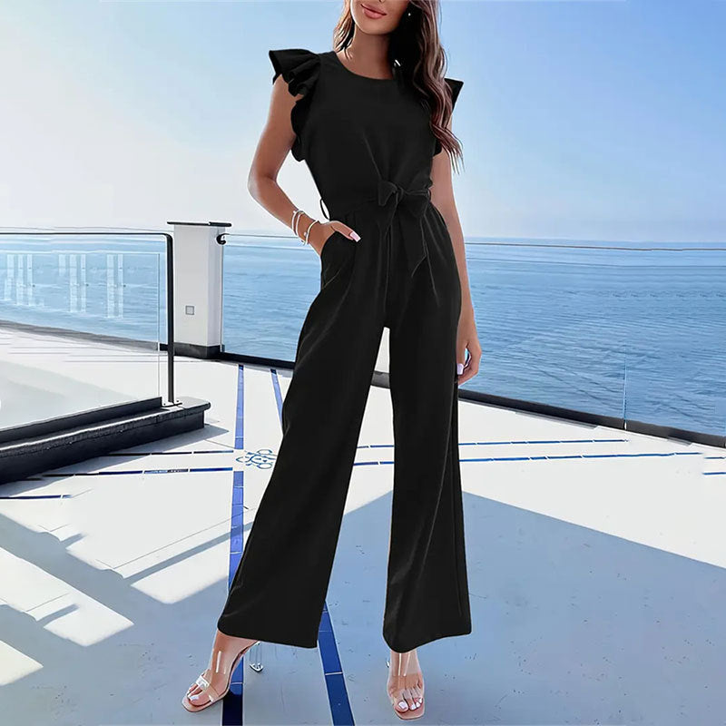 Women Woven Lotus Leaf Flounced Sleeve Waist Girdling Band Jumpsuit Women Casual Pants Spring Women