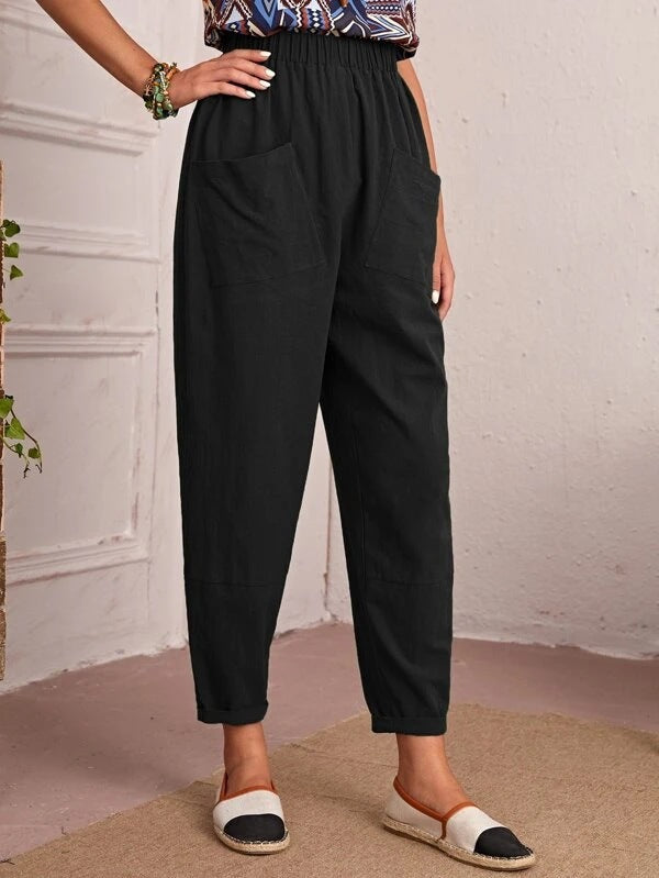 Four Seasons Cotton Linen Cropped Pants Elastic Waist Casual Pants Diagonal Pocket Skinny Pants Women