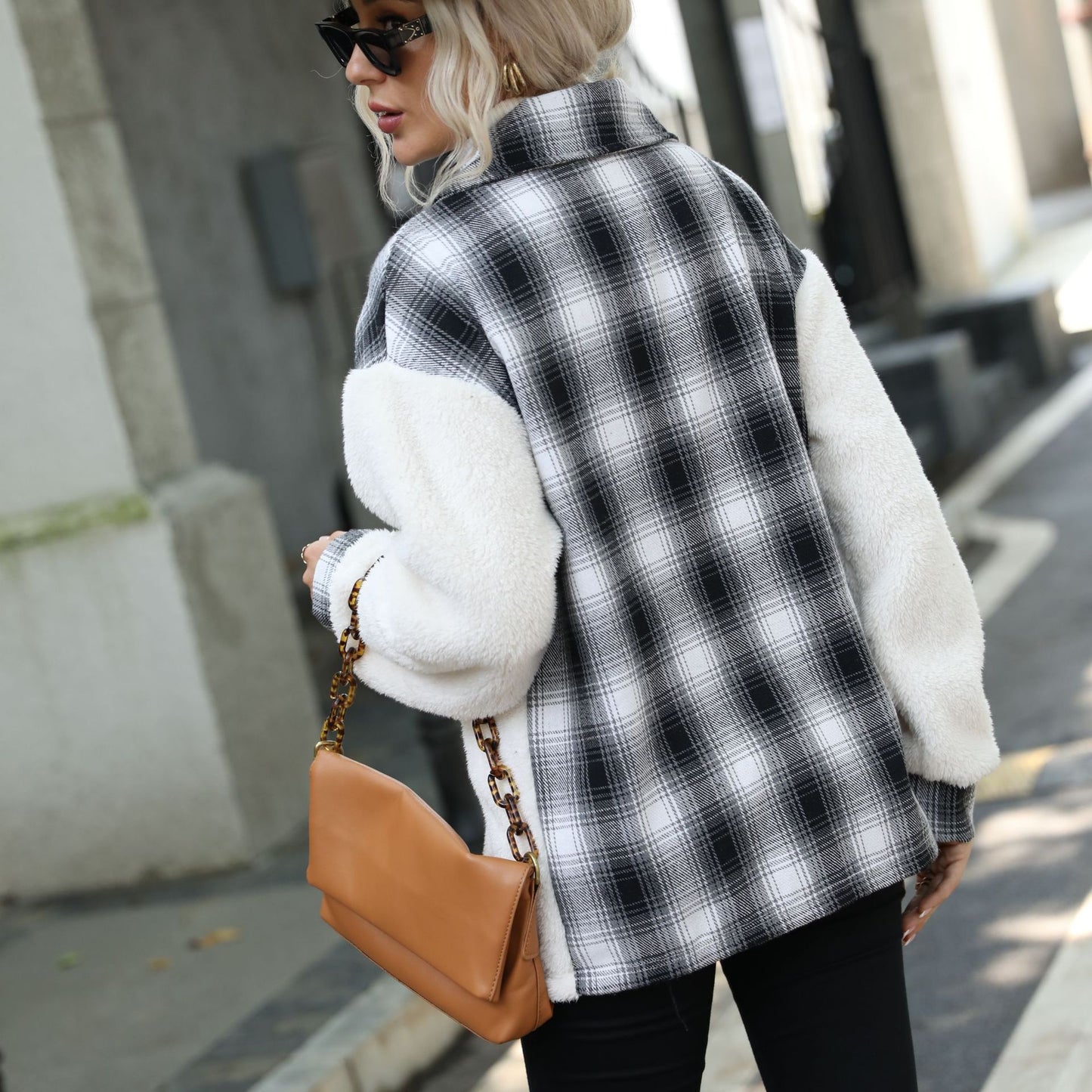 Women Plush Plaid Stitching Breasted Long Sleeve Plaid Collared Plush Coat