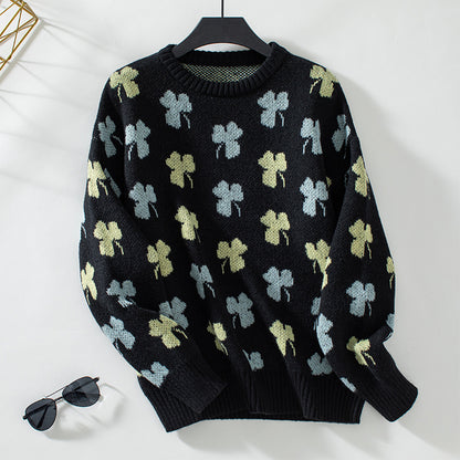 Clover Jacquard Pullover Women Sweater Autumn Winter Loose Long Sleeve Sweater for Women