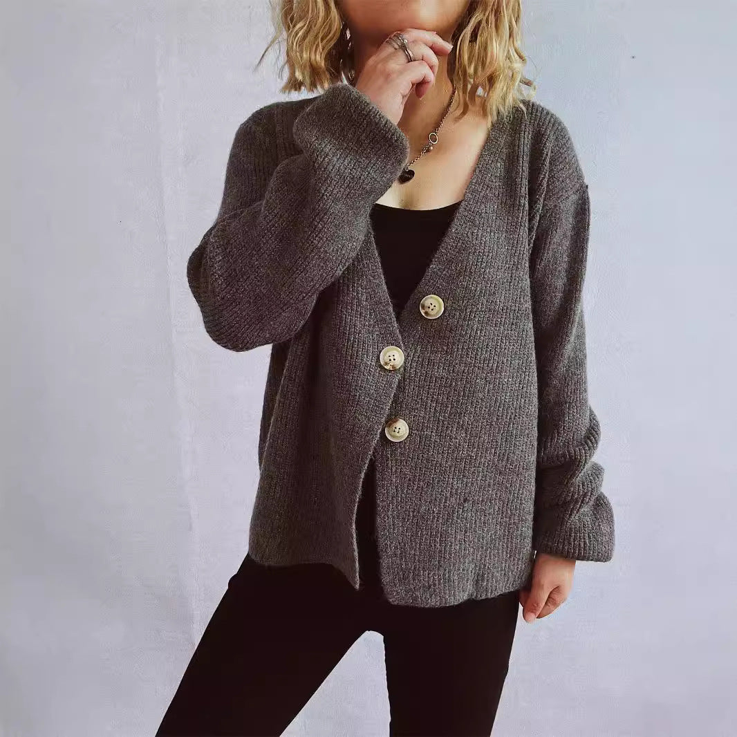 Solid Color V neck Slim Irregular Asymmetric Button Long Sleeve Knitted Cardigan Dinified Sweater Small Coat Jacket