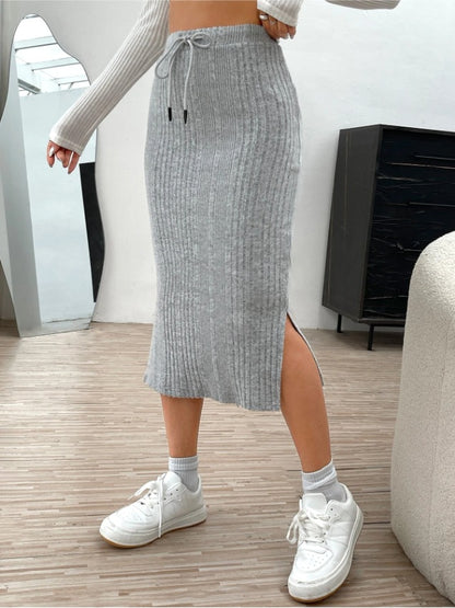 Autumn Winter Casual High Waist Drawstring Slit Knitted Fleece Skirt for Women