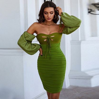 Spring Women Clothing Bandage Dress Green Sexy Hollow Out Cutout Word Collar Puff Sleeve Dress