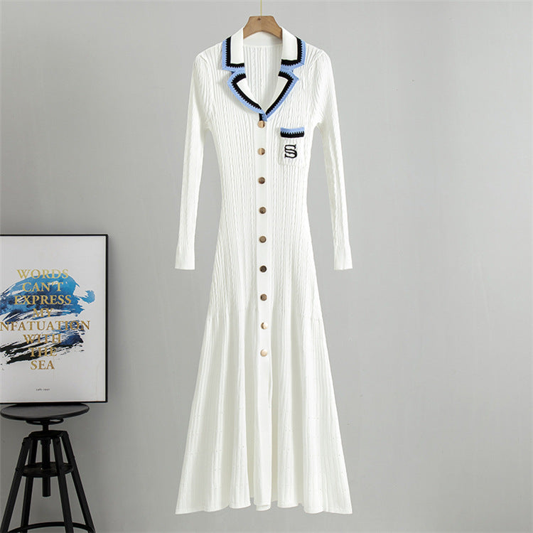 French Classic Embroidered Polo Collar Long Sleeved Knitted Dress Waist Slimming Elegant Spring Dress for Women