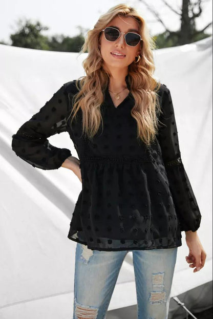 Spring Summer Loose V neck Lantern Sleeve Long Sleeve Pullover Shirt Chiffon Jacquard Solid Color