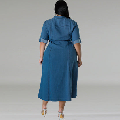 Plus Size Women Clothing Denim Collared Long Sleeve Tied Mid Length Dress