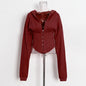 Optional Women Sweater Autumn Solid Color Waist Tied Single Breasted Short Stitching Hoodie