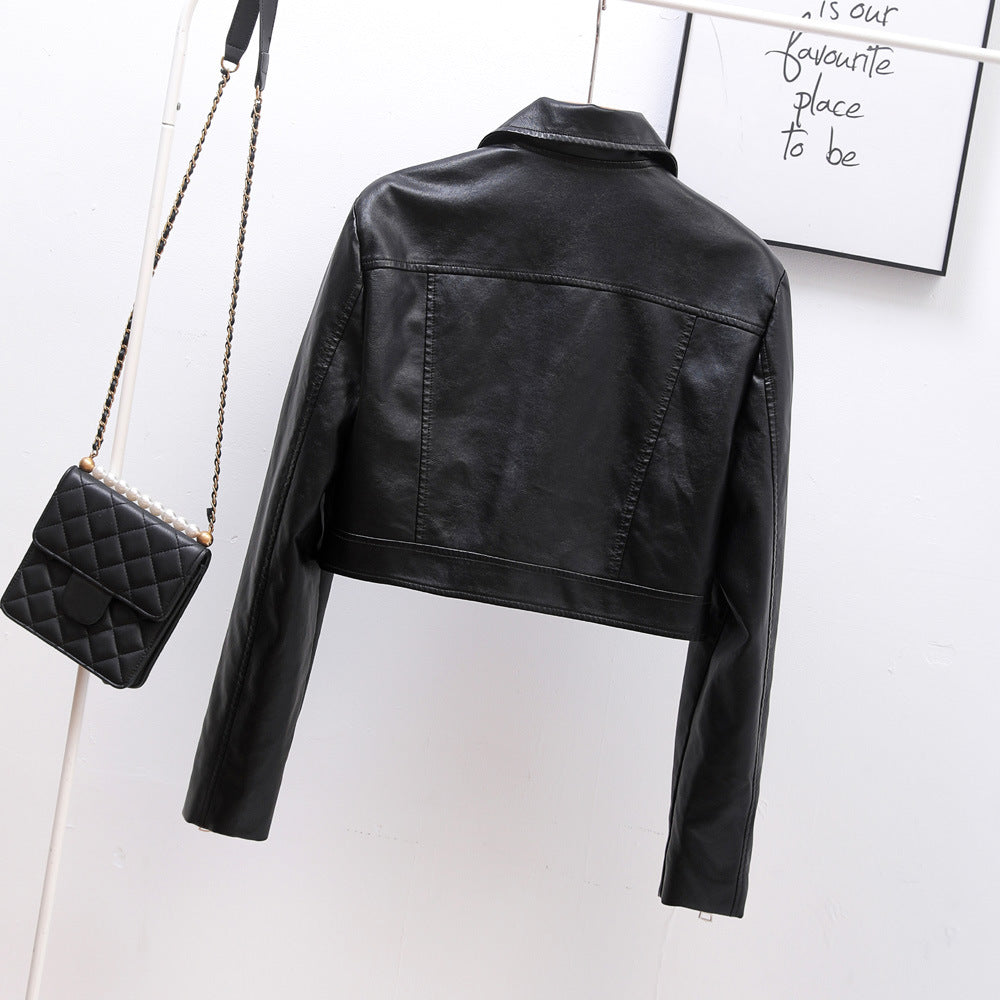 High Waist Motorcycle Short Coat Washed Faux Leather Small Leather Coat Women's Autumn Black Leather Jacket Top Tide