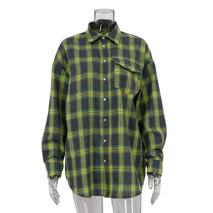 Retro All Matching Collared Loose Shirt Autumn Plaid Long Sleeve Pocket Women Shirt