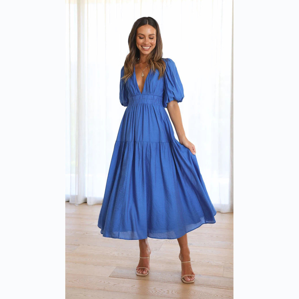 Casual Trends Summer V neck Tight Waist Mid Length Dress