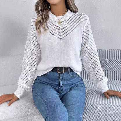 Autumn Winter Casual Solid Color Round Neck Hollow Out Cutout Out Lantern Sleeve Pullover Sweater Women Clothing