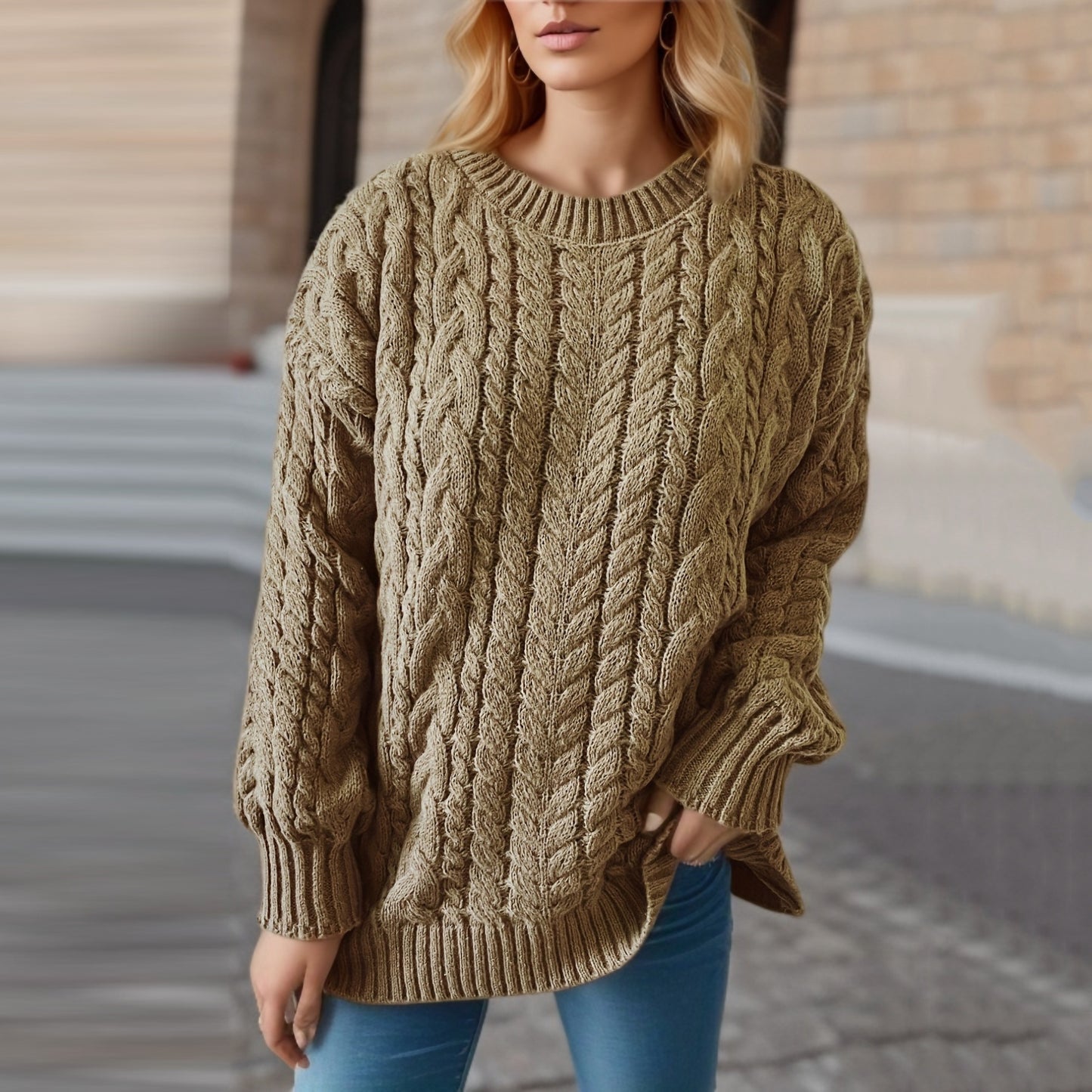 Autumn Winter Retro Vertical Stripes Twist Round Neck Long Sleeve Knitted Pullover Thick Needle Sweater Women