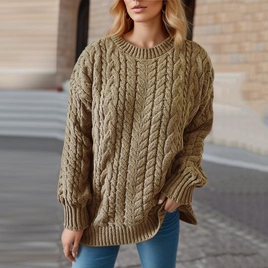 Autumn Winter Retro Vertical Stripes Twist Round Neck Long Sleeve Knitted Pullover Thick Needle Sweater Women