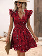 Women Clothing Summer V neck Tight Waist Sexy Large Floral Ruffled Sleeveless Dress