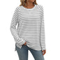 Autumn Winter Striped Contrast Color round Neck Long Sleeve Loose Fitting T shirt Top Women