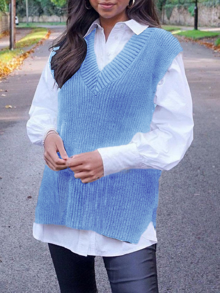 Women Knitting Waistcoat Loose Solid Color V-neck Women Upper Sweater