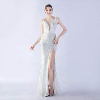 Ostrich Feather Heavy Industry Beads Dinner Exhibition Side Slit High End Evening Dress