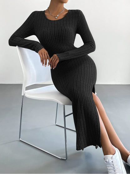 Autumn Winter Long Sleeve Crew Neck Split Knitted Maxi Dress Women