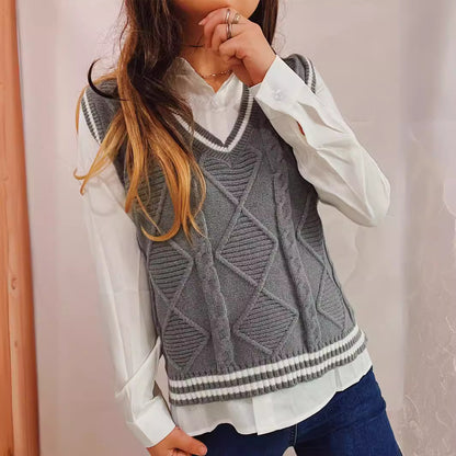 Japanese College Contrast Color V neck Sleeveless Twist Knit Rhombus Vest Sweater Pullover Vest Top for Women