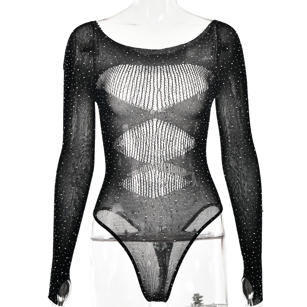 【MOQ-5 packs】 Autumn Sexy High Elastic Knitted Sheer Long Sleeve Hollow Out Cutout Rhinestone Jumpsuit for Women