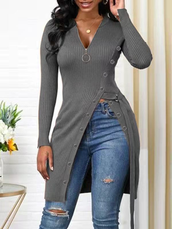 Autumn Winter Women Clothing V-neck Long Sleeve High Slit Thread Zipper T-shirt Top