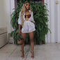 Women Clothing Sexy Solid Color See through Long Sleeved Shirt Shorts Casual Set