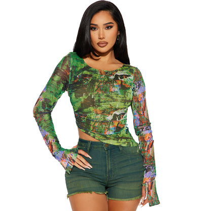 Women Clothing Sexy Mesh Floral Print Ruched Top Women