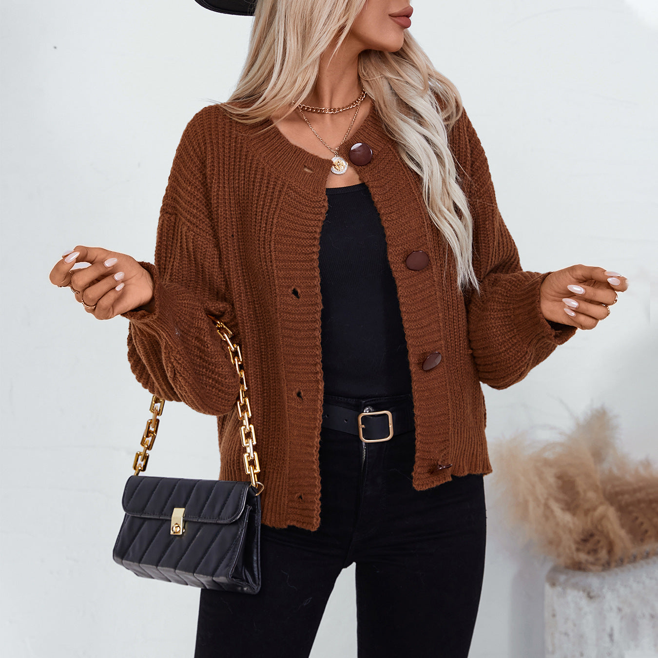 Autumn Winter Solid Color Single Breasted Knitted Cardigan Women Clothes Loose Fitting Long Sleeve Sweater Coat