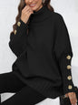 Women Pullover Button Knitted Solid Color Turtleneck Collared Loose Woven Sweater Top