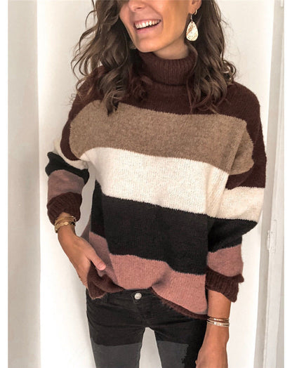 Autumn Winter Turtleneck Patchwork Knitwear Plus Size Women Striped Sweater Women