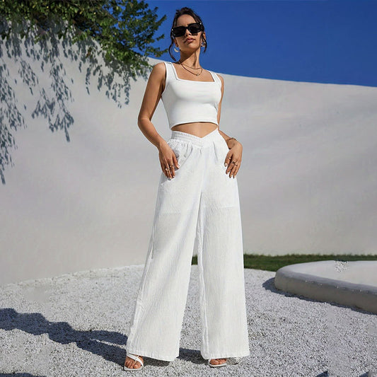 Elegant Office Pleating Cross Design Double Layer See Through Loose Break Wide Leg Casual Pants Women Pants Children