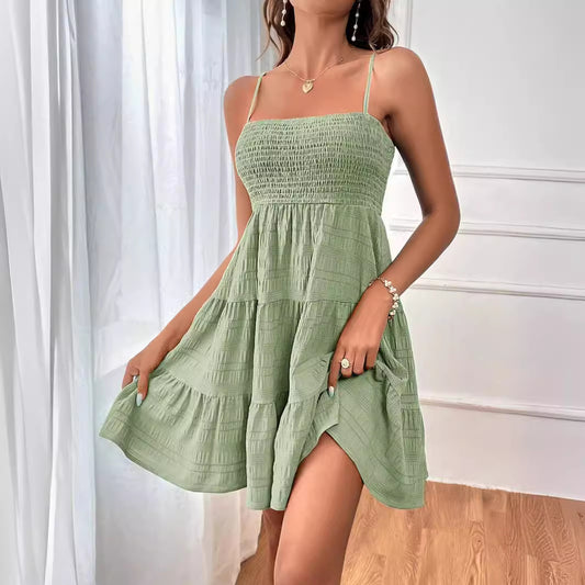 Women Clothing Summer off Neck Camisole Solid Color All Matching Texture Dress