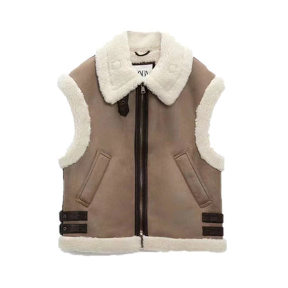 Autumn Winter Women Brown Fur Collared Vest Coat Thickened Vest