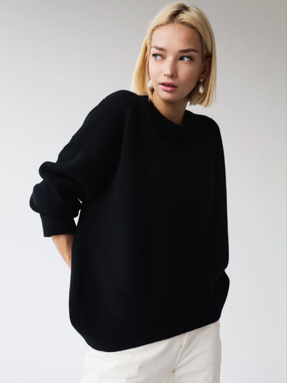 Autumn Winter Women  Knitwear Crew Neck Loose Solid Color Popular Sweater