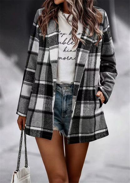 Autumn Winter Women Clothing Loose Printed Checks Long Sleeve Pocket Woolen Coat Top Outerwear